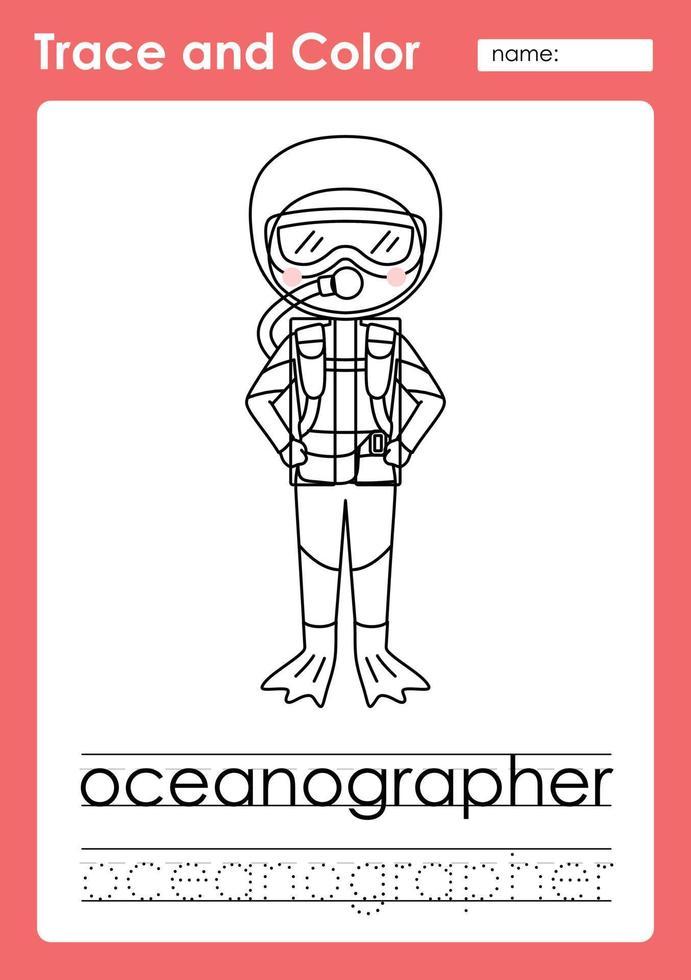 Trace and Color worksheets with occupation words vector