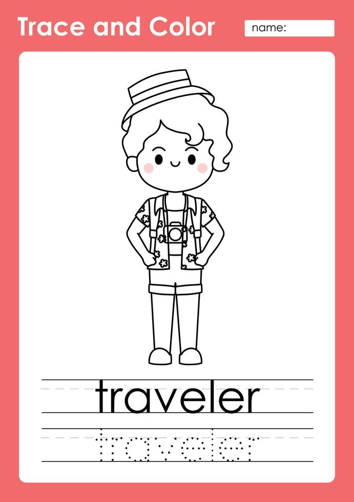 Trace and Color worksheets with occupation words vector