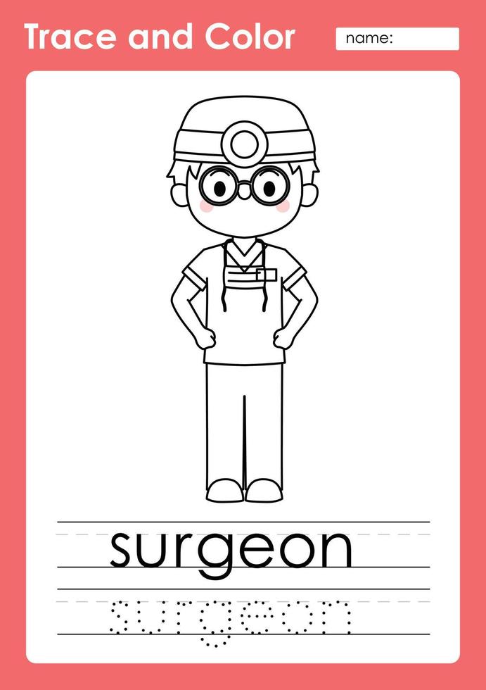 Trace and Color worksheets with occupation words vector