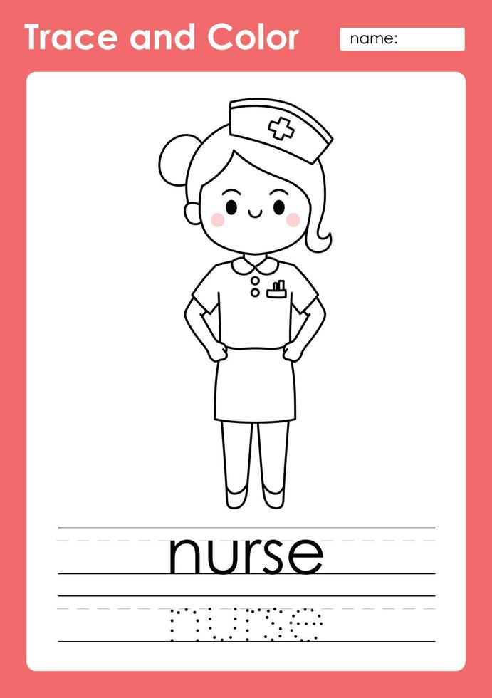 Trace and Color worksheets with occupation words vector