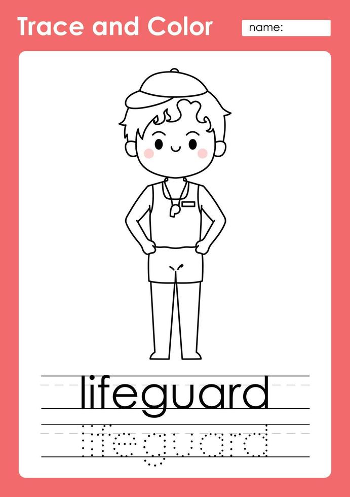 Trace and Color worksheets with occupation words vector