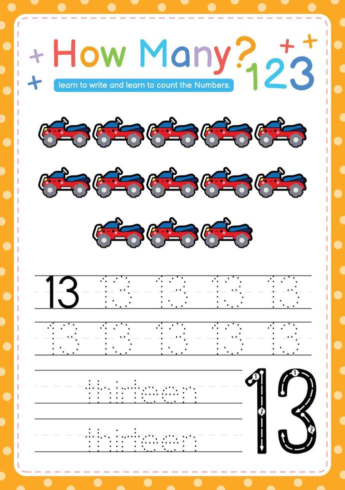 Numbers tracing template by counting vehicle vector