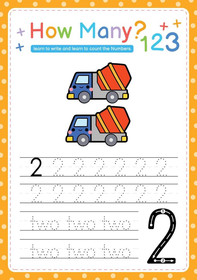 Numbers tracing template by counting vehicle vector