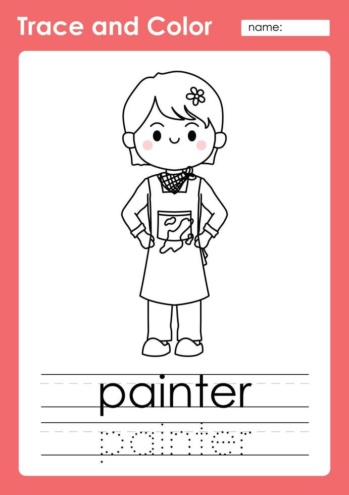 Trace and Color worksheets with occupation words vector