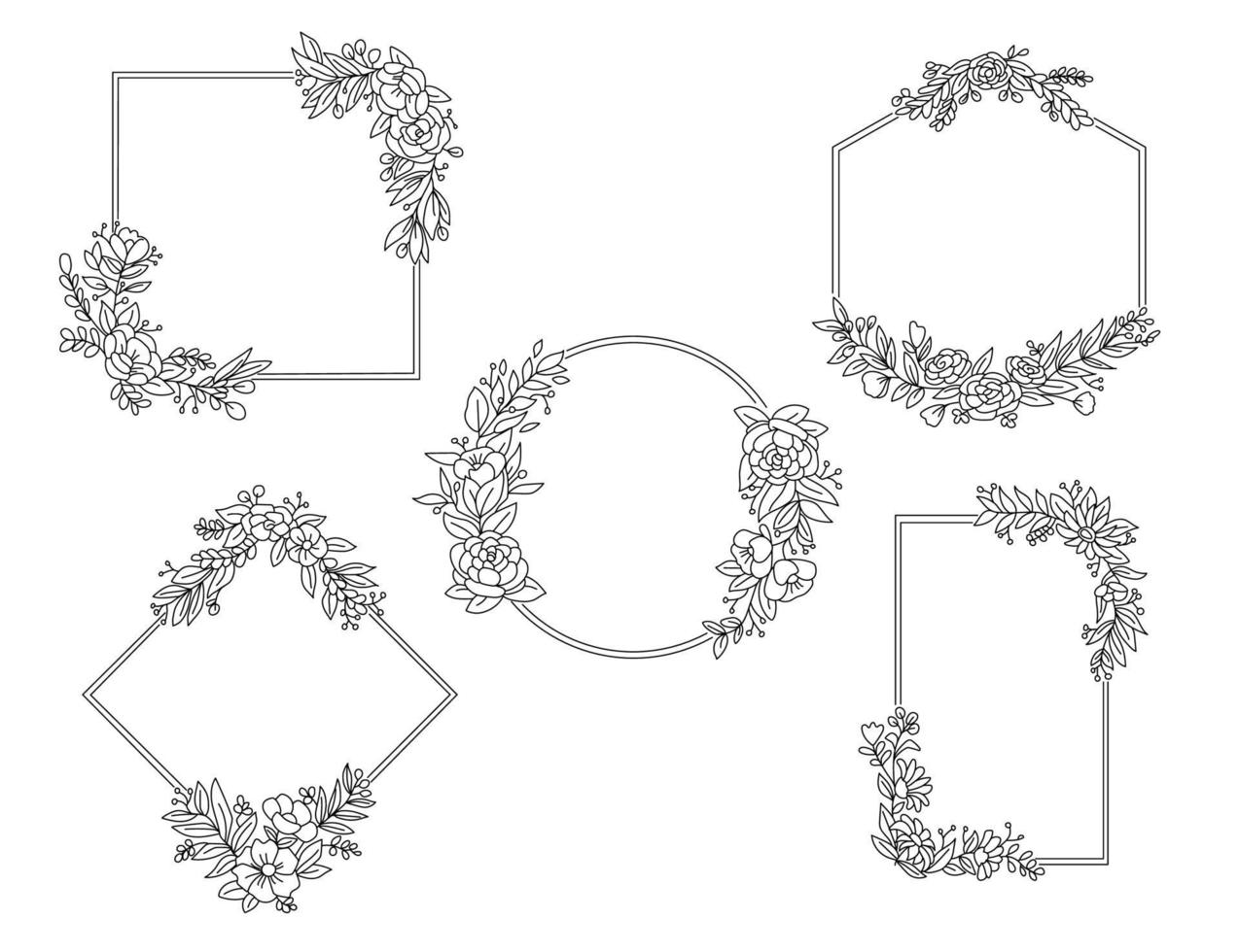 marco de línea colorido aislado icono divisor de borde floral de hoja con flor rosa o roja circular, rectangular o hexagonal para guardar la invitación de nombre de etiqueta de boda de fecha vector