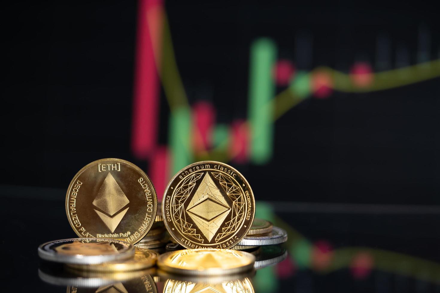 enfoque seleccione y desenfoque golden ethereum eth y ethereum classic etc grupo símbolo de moneda criptográfica y candelabro de gráfico de acciones en tabletas. utilice la tecnología cryptocurrency blockchain. con plusvalía. foto