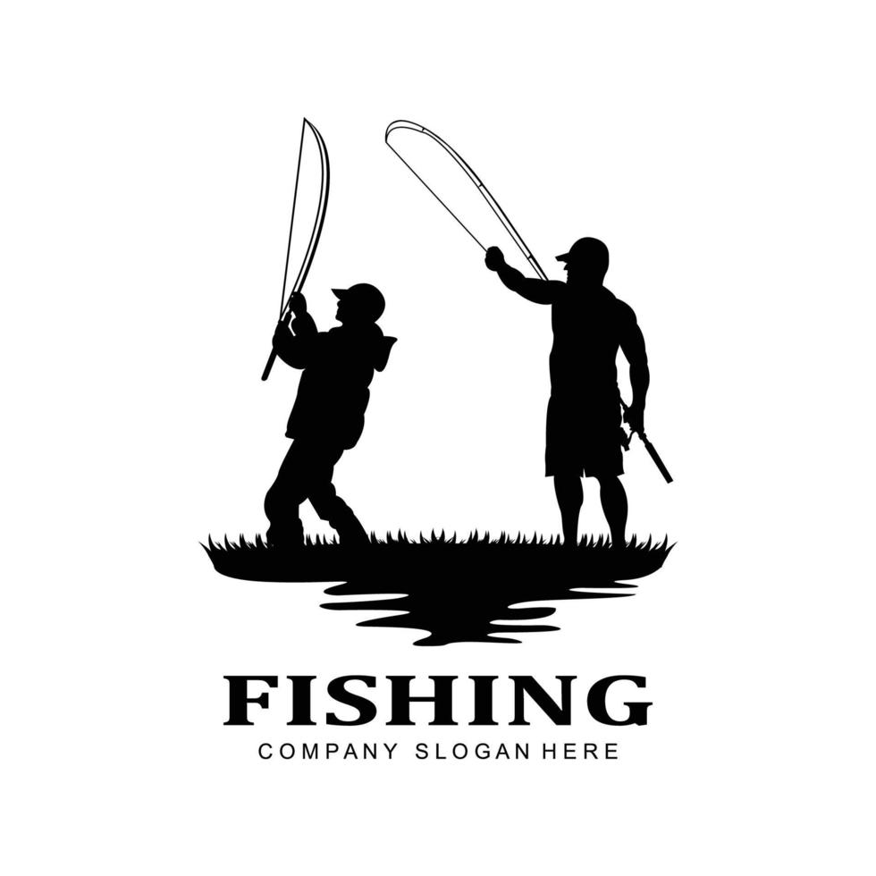 fishing logo icon vector, catch fish on the boat, outdoor sunset silhouette design vector