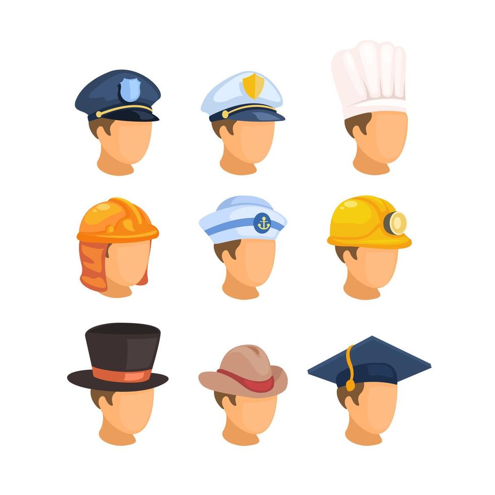Male head with hat profession symbol avatar collection set cartoon illustration vector