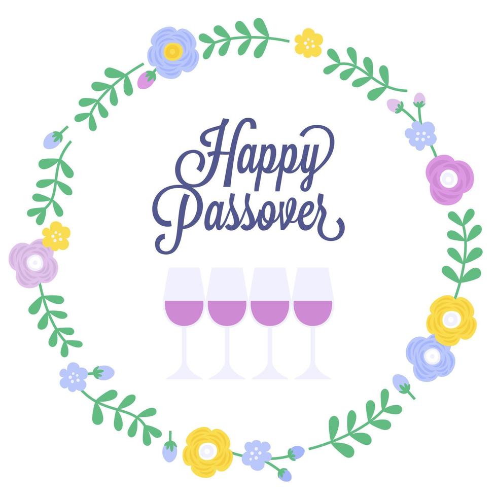 Happy passover with four cups of wine and flowers element vector