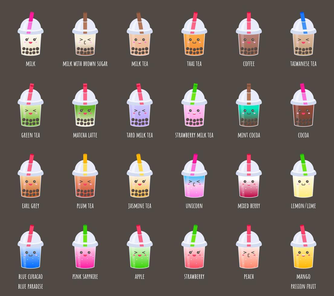 Bubble tea and Cold drink with cute face icon set vector