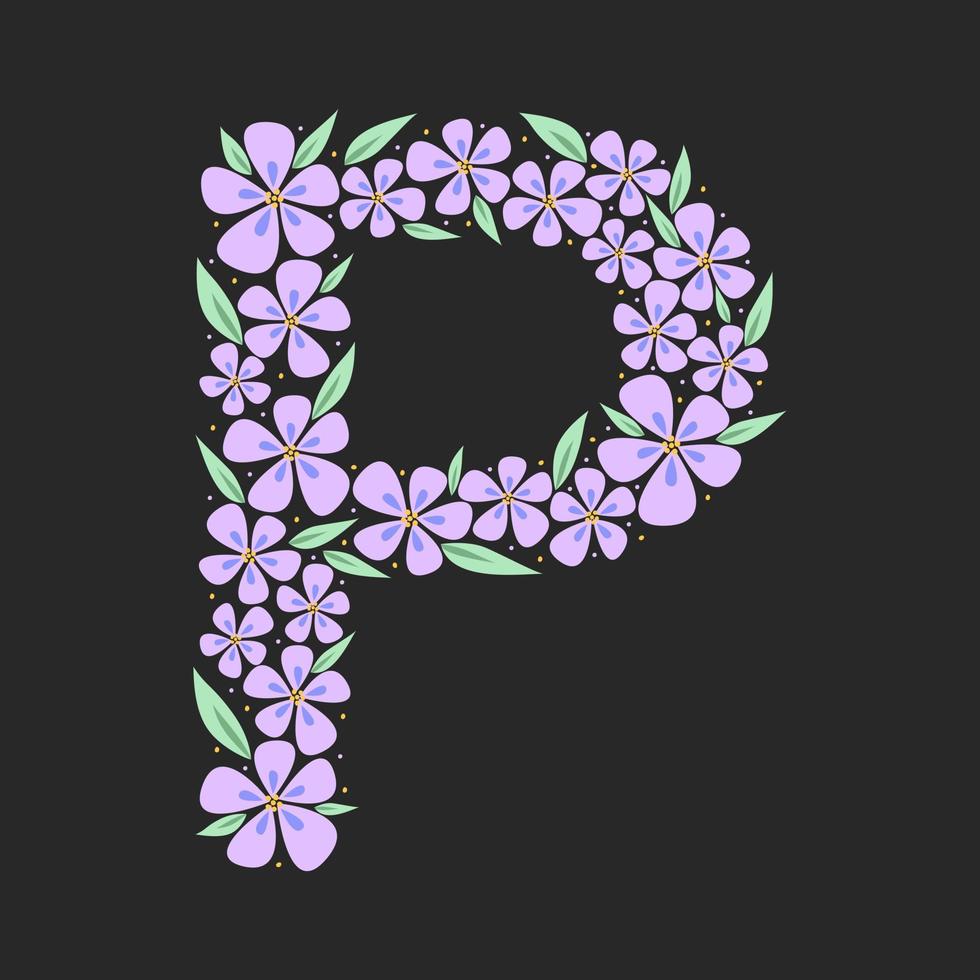 Floral botanical alphabet. Vintage hand drawn monogram letter P. Letter with plants and flowers. Vector lettering isolated on white