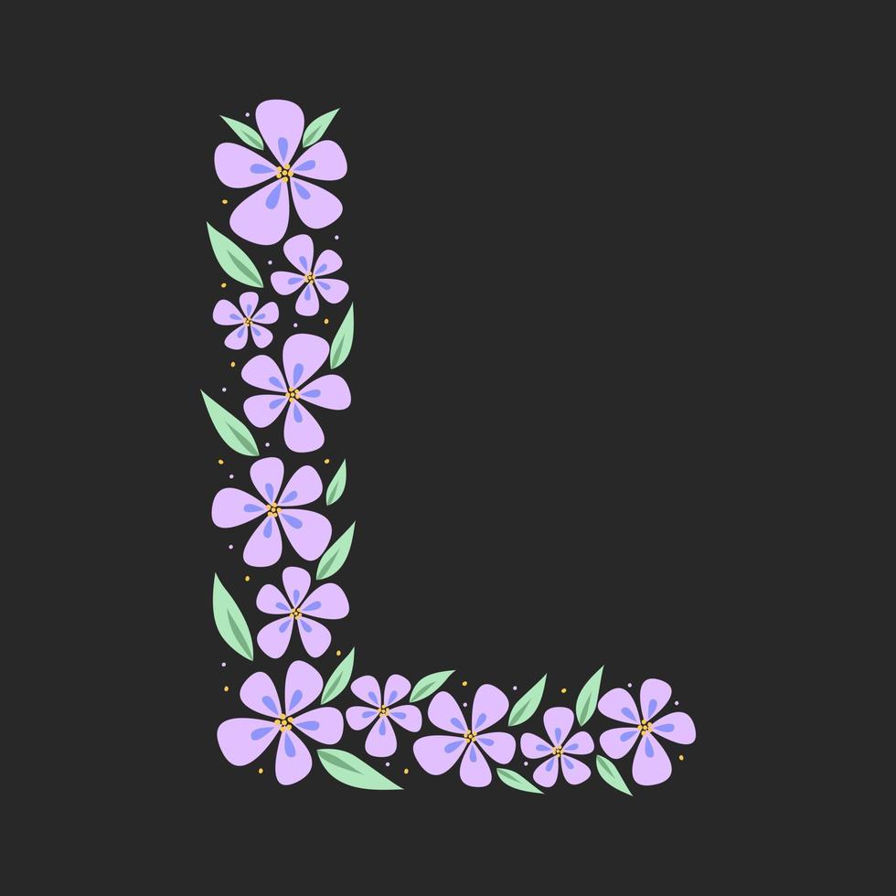 Floral botanical alphabet. Vintage hand drawn monogram letter L. Letter with plants and flowers. Vector lettering isolated on white