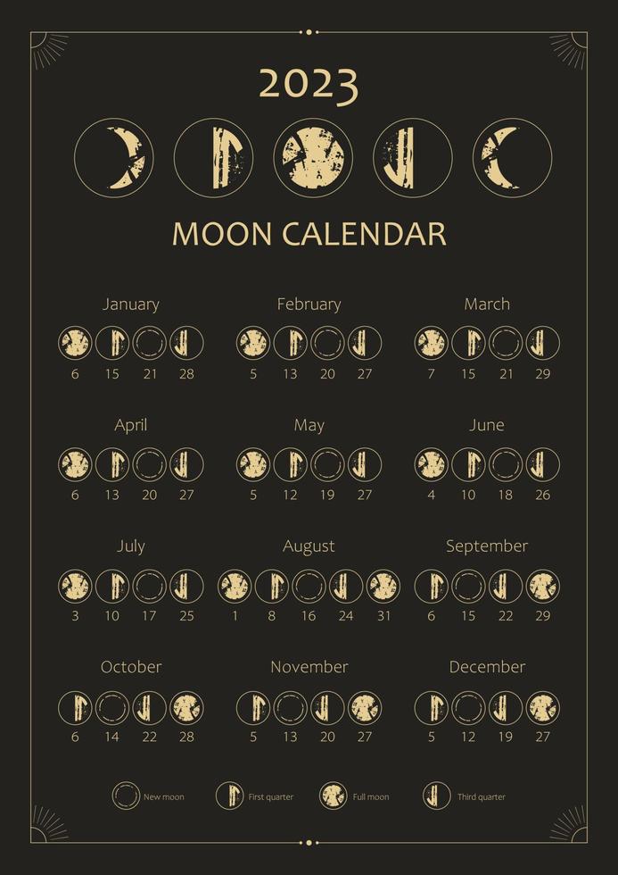 2023 Moon calendar. Astrological calendar design. Moon phase cycle. Modern boho moon calendar poster template design. Lunar phases schedule and cycles. Vector vintage illustration. Editable A3, A4, A5