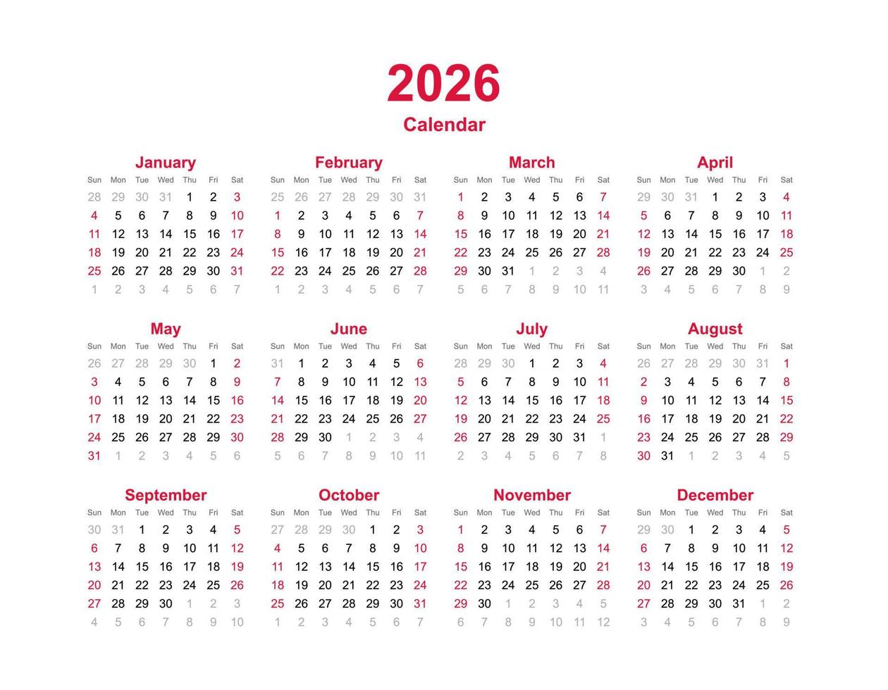 plantilla de año calendario 2026. conjunto de calendario de doce meses. vector