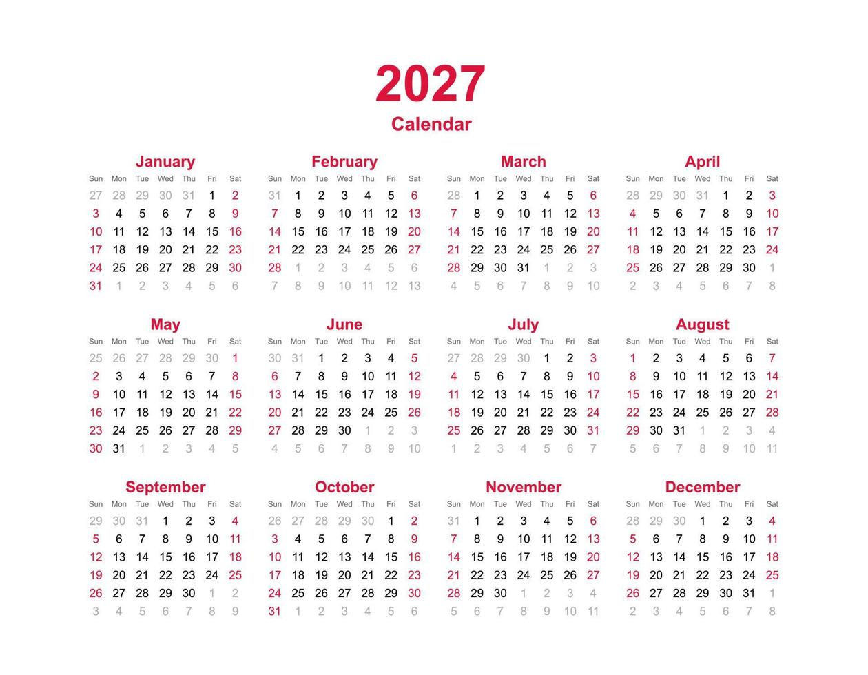 Calendar year template 2027. Set of twelve month calendar. vector