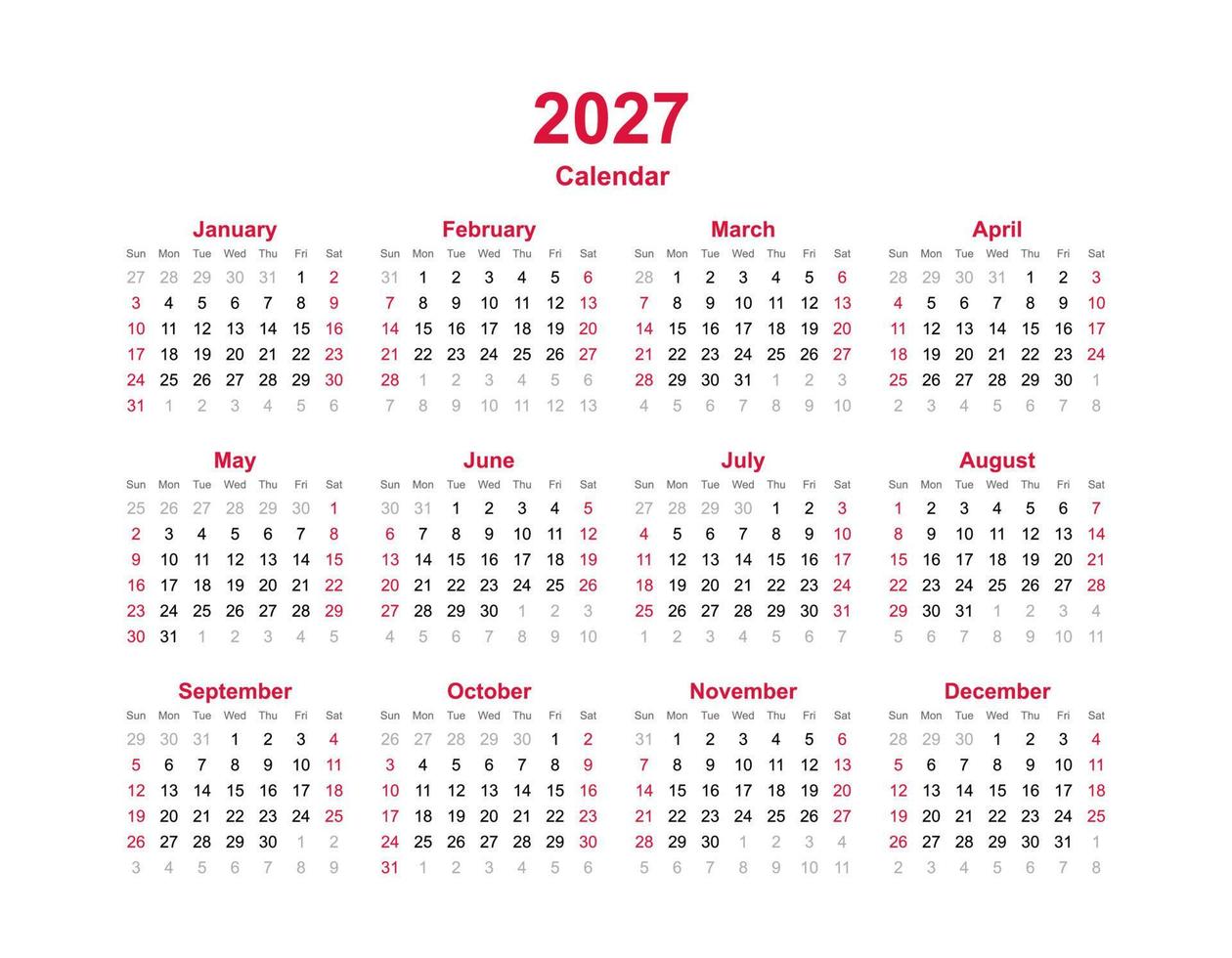 plantilla de año calendario 2027. conjunto de calendario de doce meses. vector