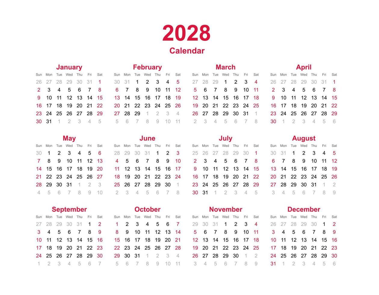Calendar year template 2028. Set of twelve month calendar. 7689074