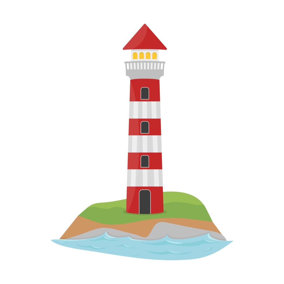 Nautical navigational red-white lighthouse isolated on white background. vector