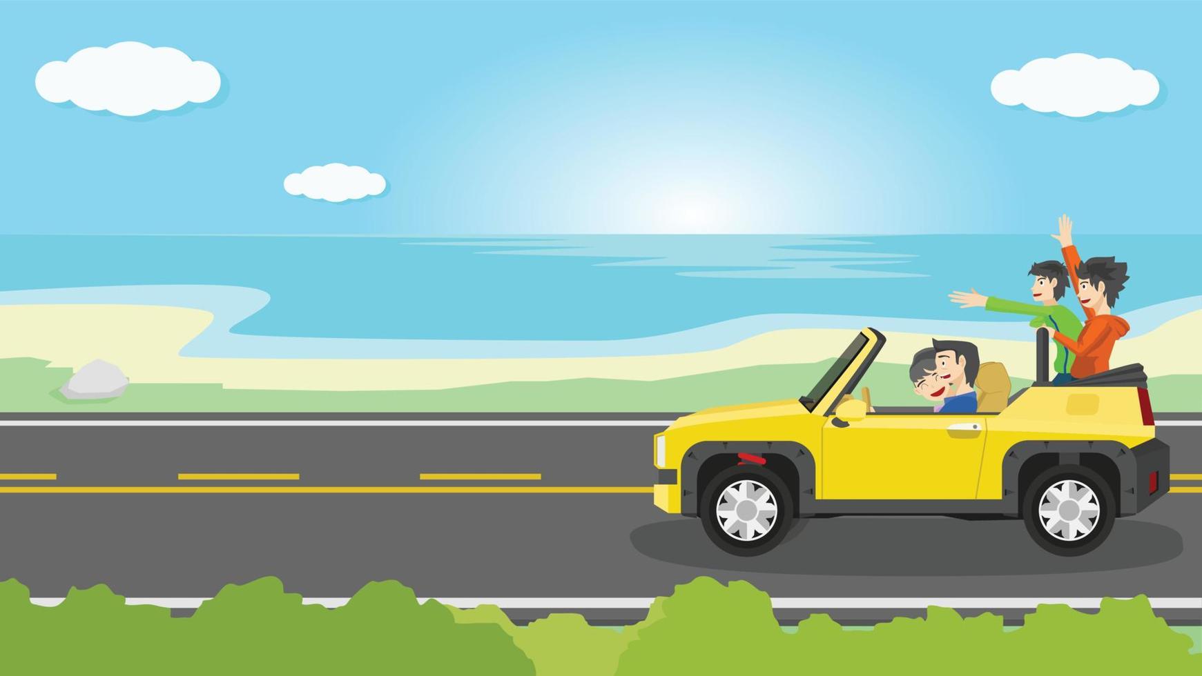 conducir coche color amarillo fuera de la carretera techo abierto en carretera asfaltada. viaje familiar con los padres sentados al frente mientras los niños se sientan atrás con las manos felices. fondo de playa y vasto mar bajo el cielo azul. vector