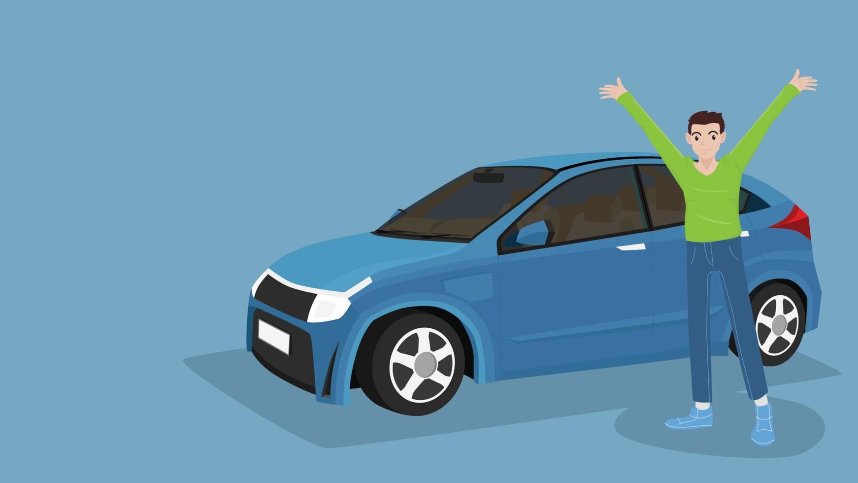 Car buyers raising hands with joy on both sides. New cars are powered by electricity. on isolated blue background. The car seen inside the car. vector