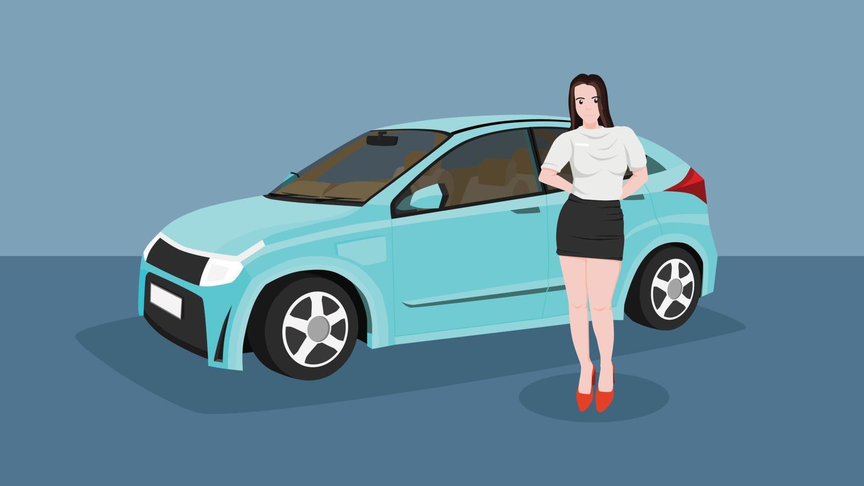 Female salesperson with electric car blue light color. Presentation in the showroom blue color. The car seen inside the car. vector