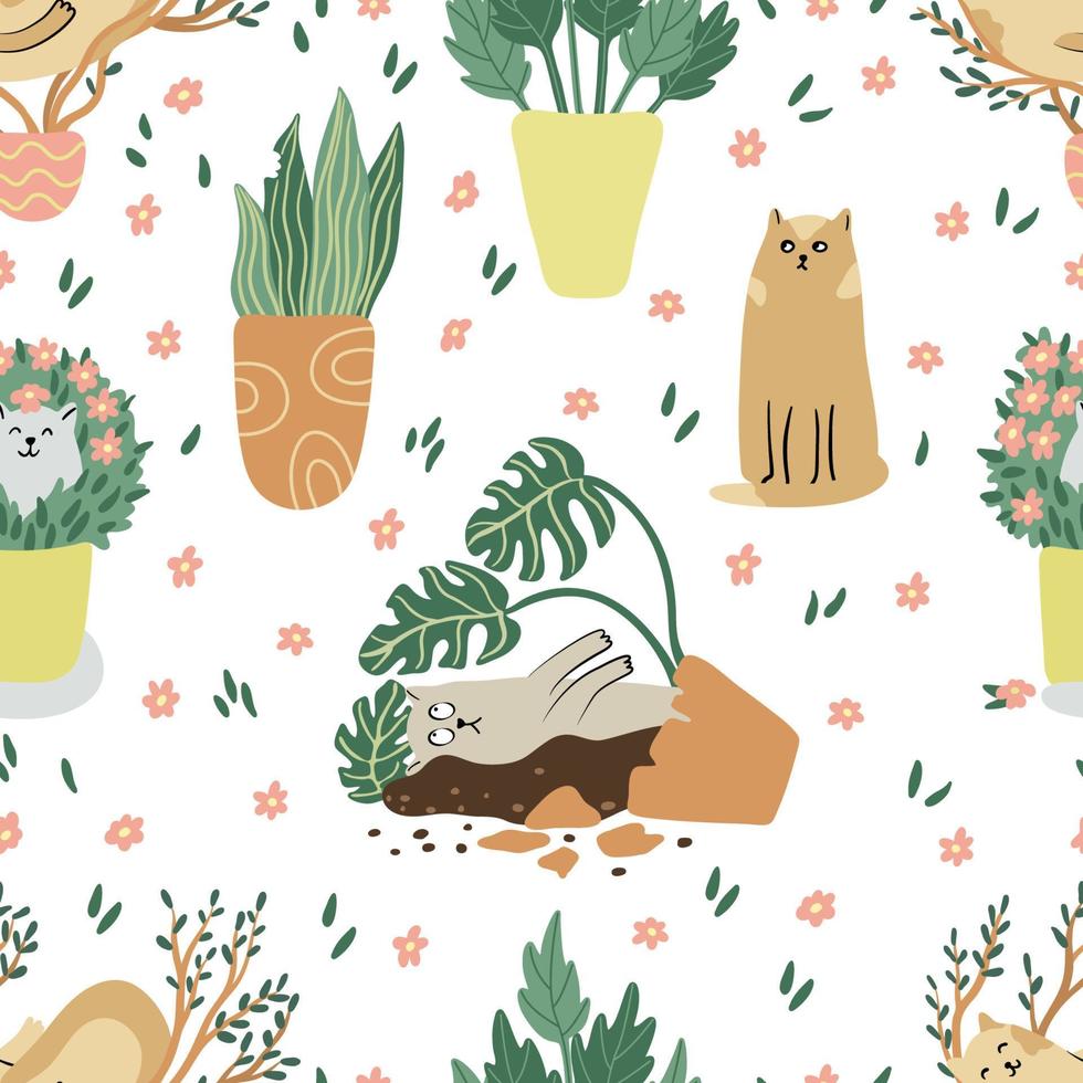 Funny cats and houseplants  seamless pattern on white. Hand drawn flat vector illustration. Potted plants and pets. Great for fabrics, wrapping papers, wallpapers, covers.
