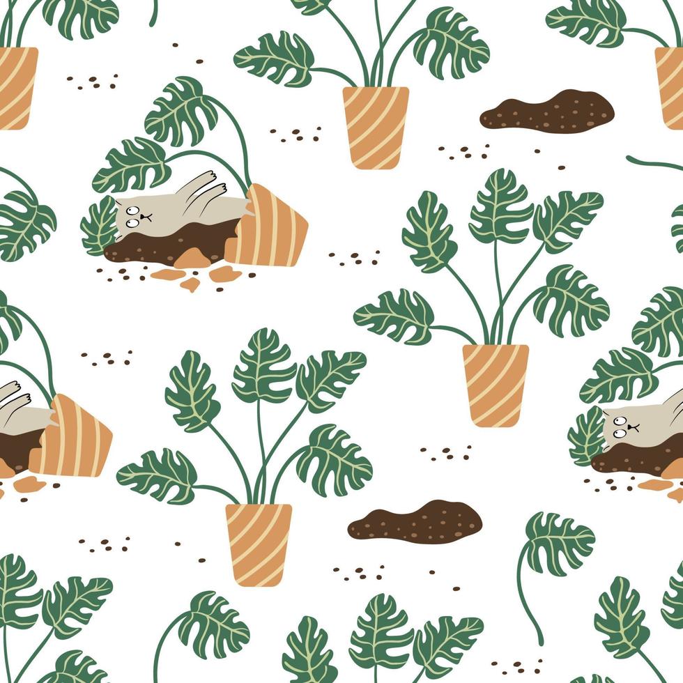 Funny cats and monstera houseplants  seamless pattern on white. Hand drawn flat vector illustration. Potted plants and pets. Great for fabrics, wrapping papers, wallpapers, covers.