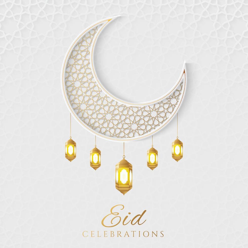 Eid Mubarak Arabic Islamic Elegant White and Golden Luxury Ornamental Background with Crescent Moon and Decorative Lantern Ornaments vector