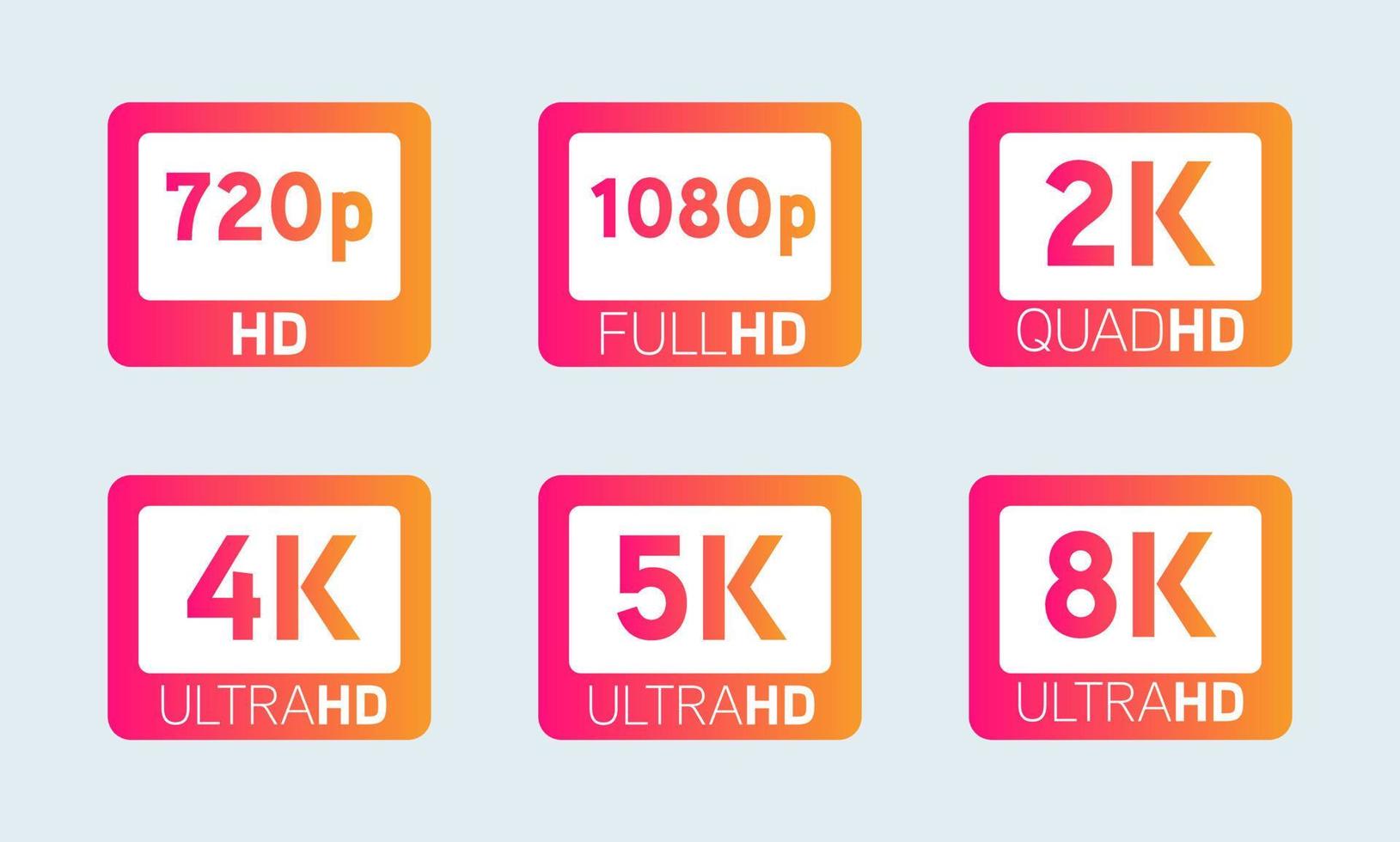 HD, Full HD, QHD, UHD, 2K, 4K, 5K, 8K video or screen resolution signs. vector