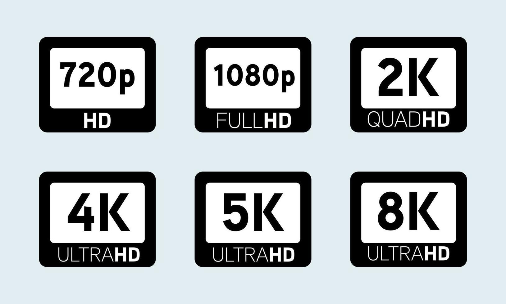 Set screen tv with 4k ultra hd video technology icon. Set of video quality or resolution icons HD, Full HD, QHD, UHD, 2K, 4K, 5K, 8K. vector