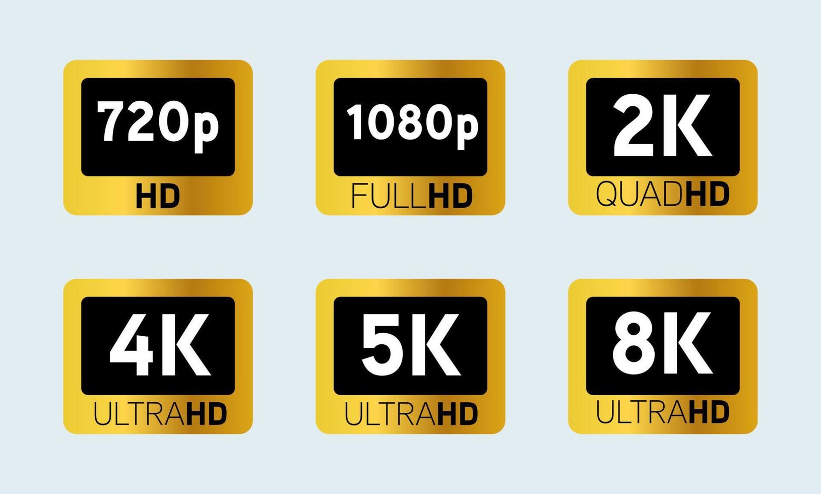 Video or screen resolution icons, white numbers with HD, Full HD, QHD, UHD, 2K, 4K, 5K, 8K text in golden rectangle. vector