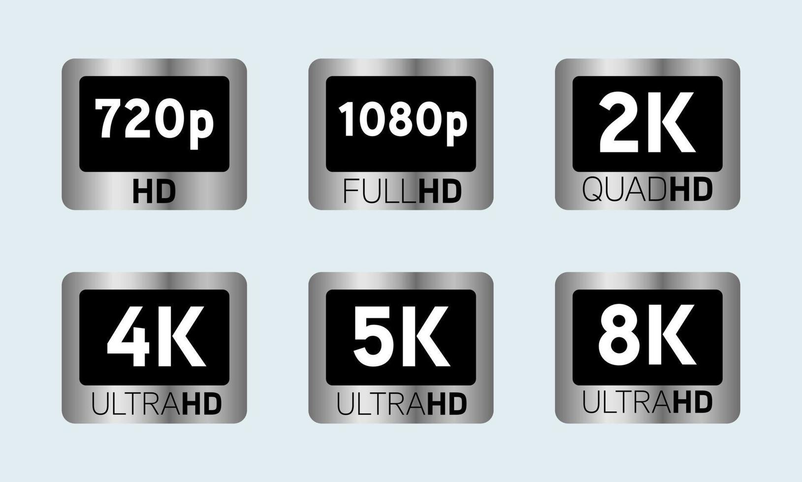 iconos de resolución de pantalla o vídeo, números blancos con texto hd, full hd, qhd, uhd, 2k, 4k, 5k, 8k en rectángulo plateado. vector