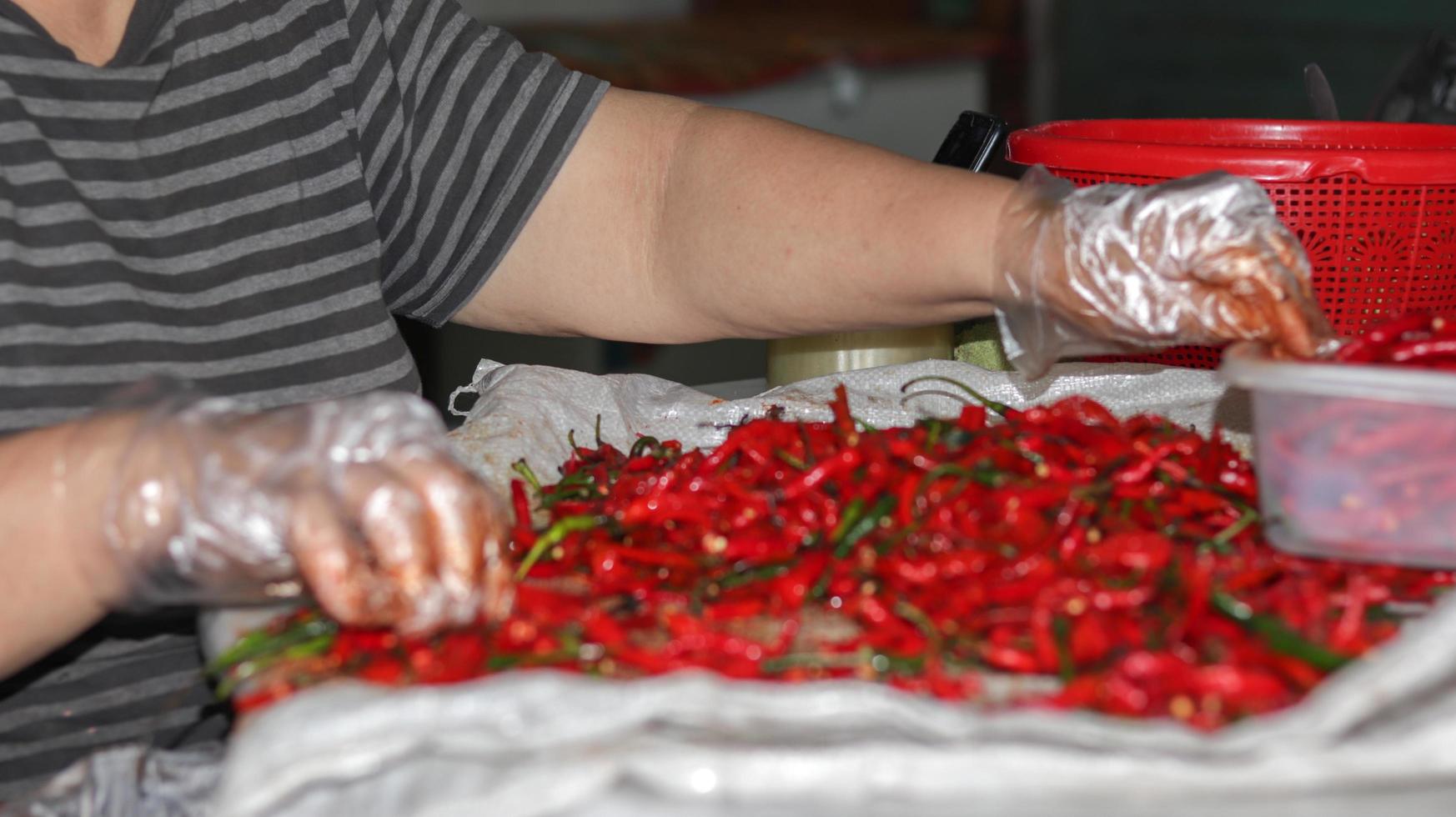 Red chili peppers close up, red chili in the supermarket photo