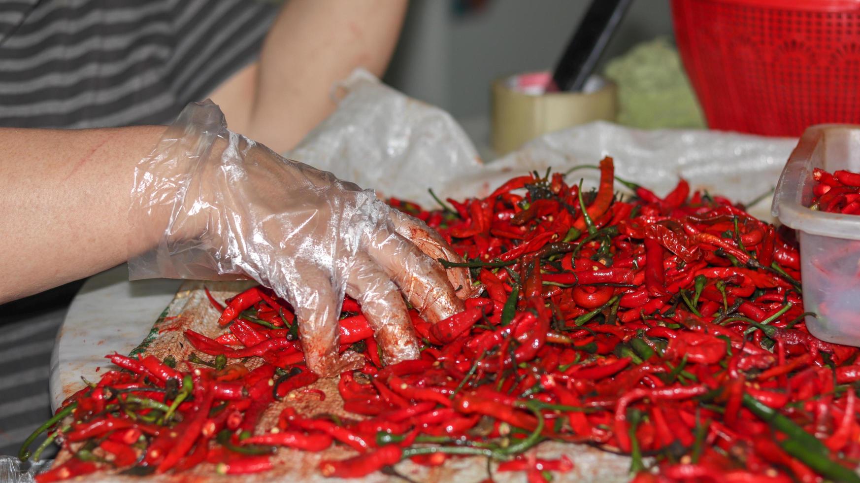 Red chili peppers close up, red chili in the supermarket photo