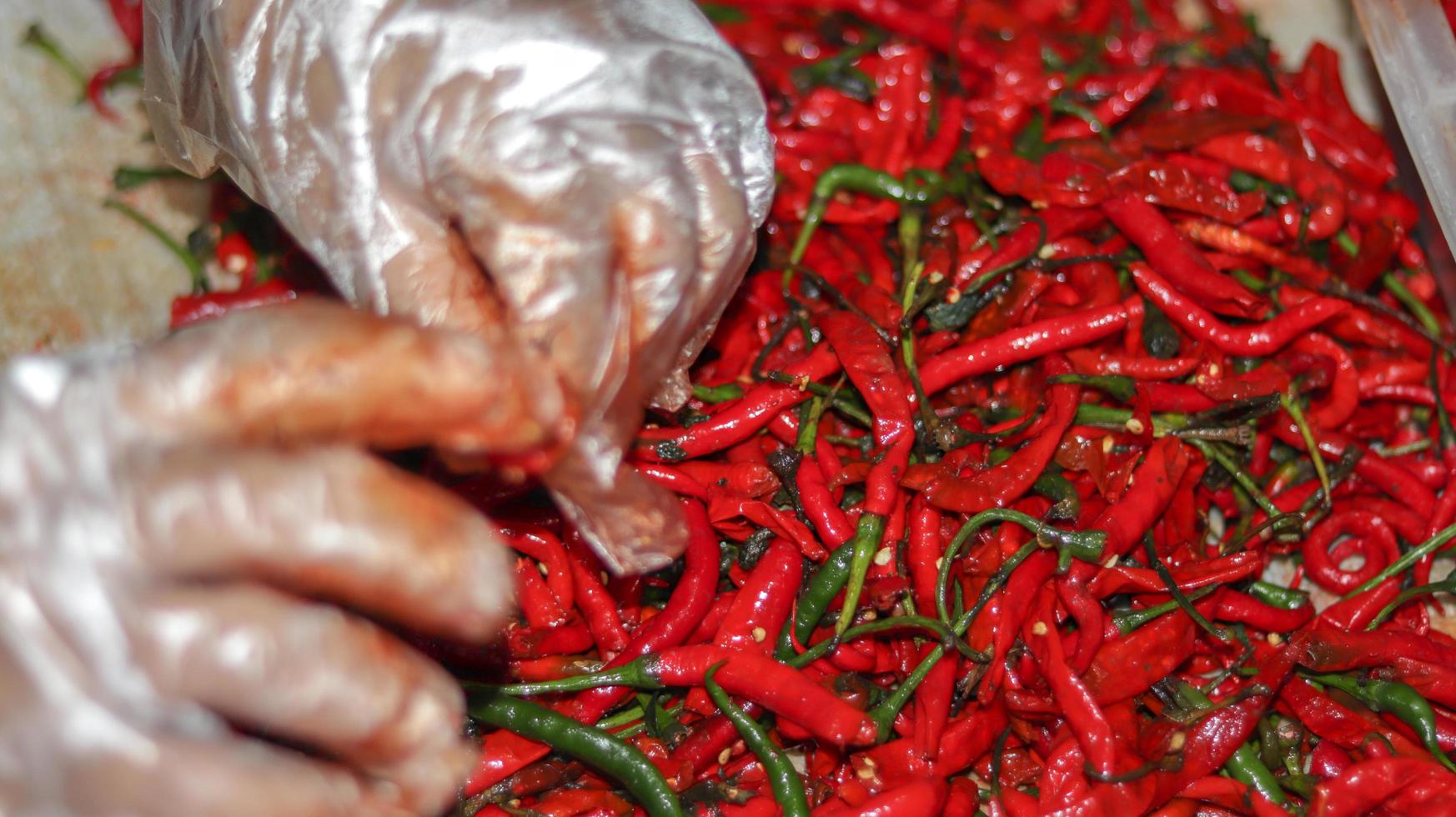 Red chili peppers close up, red chili in the supermarket photo