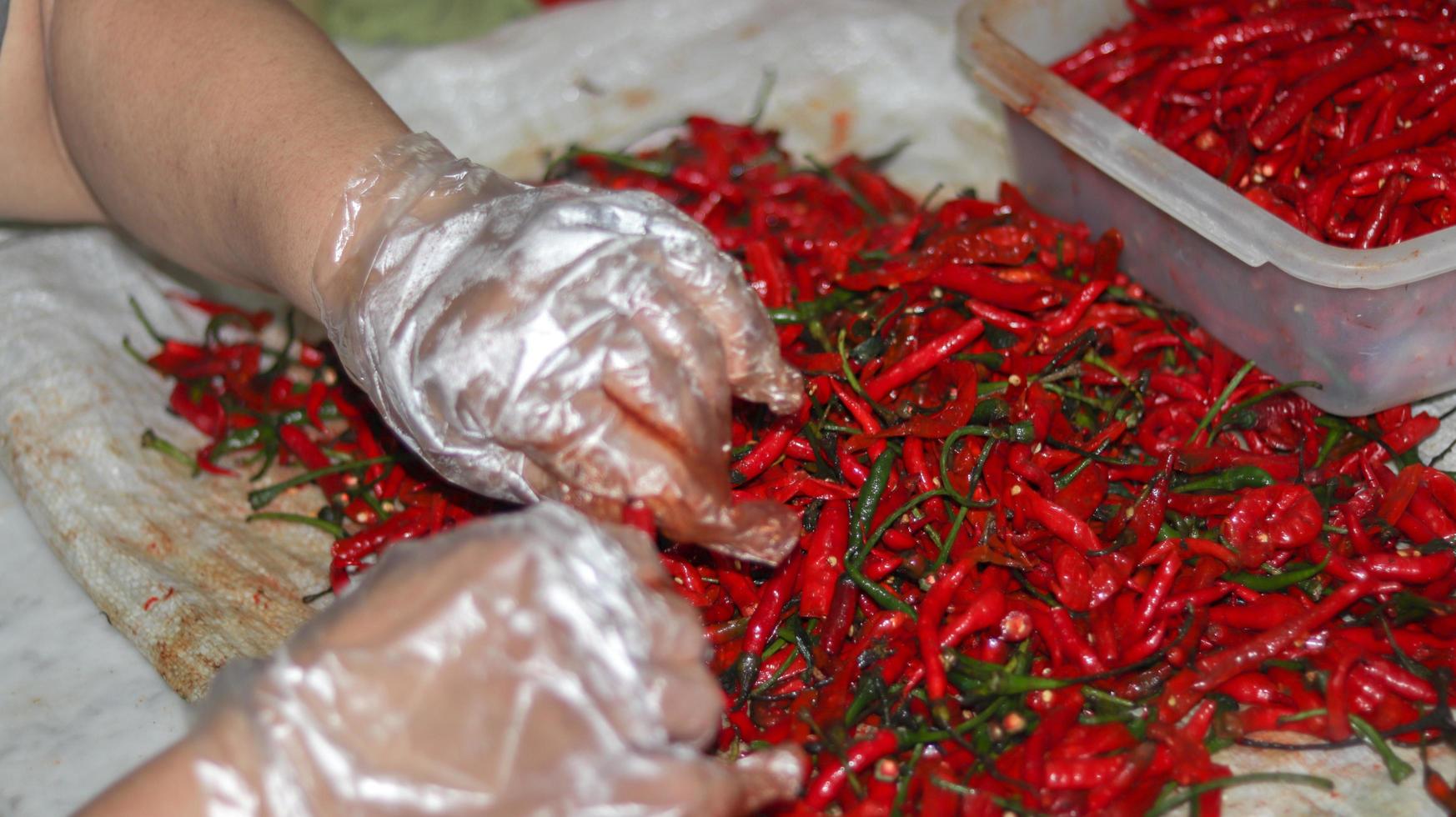 Red chili peppers close up, red chili in the supermarket photo