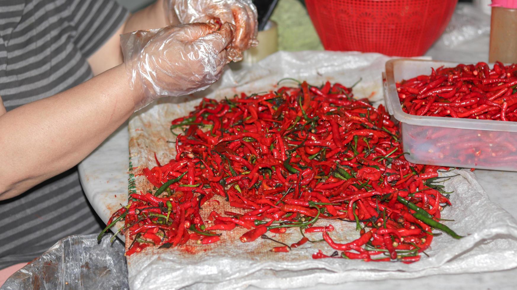 Red chili peppers close up, red chili in the supermarket photo