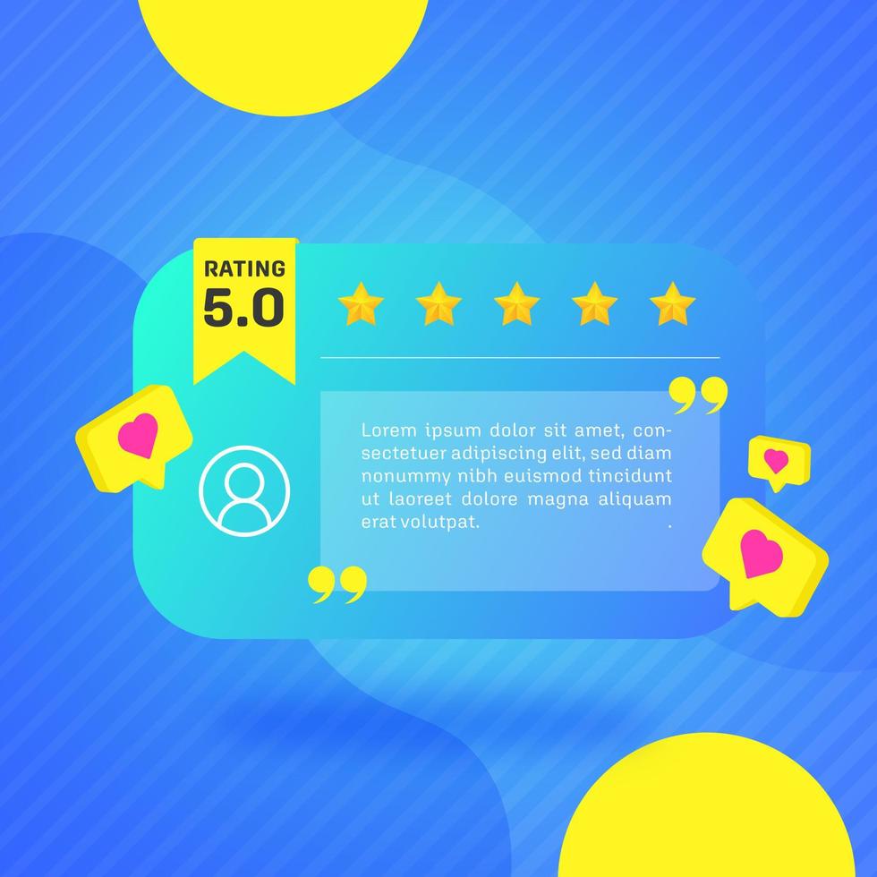 Testimonial review layout template. User rating or customer feedback with 5 stars vector squared banner.