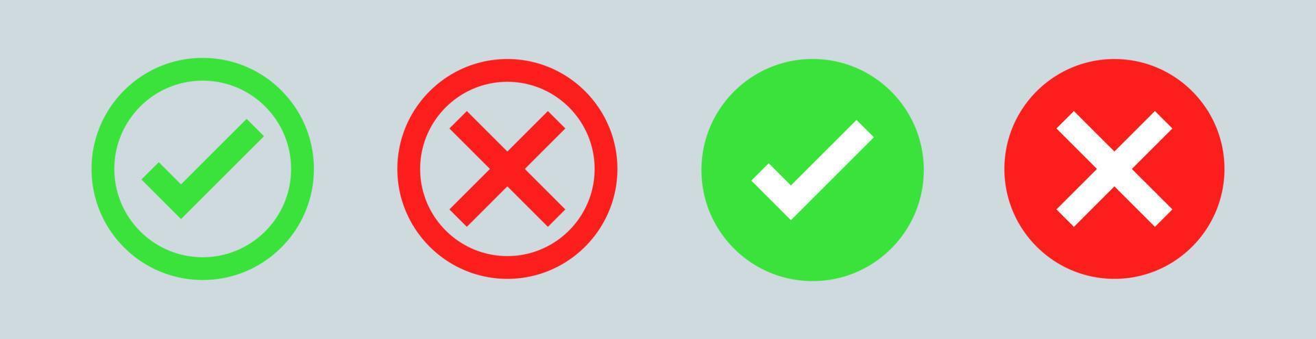 Set of check mark and cross mark in green and red color. Checkmark checklist vector illustration.