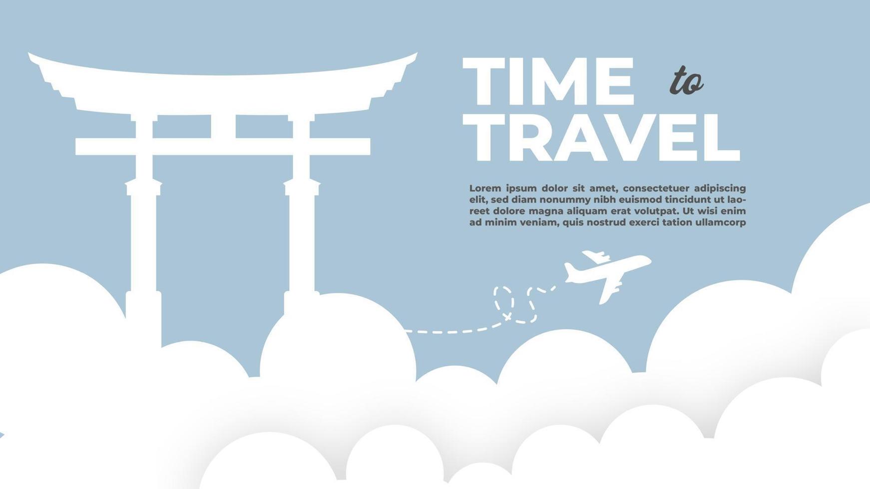 banner con elementos de viaje y turismo. cartel de tiempo para viajar con ilustraciones de vectores de atracciones famosas.