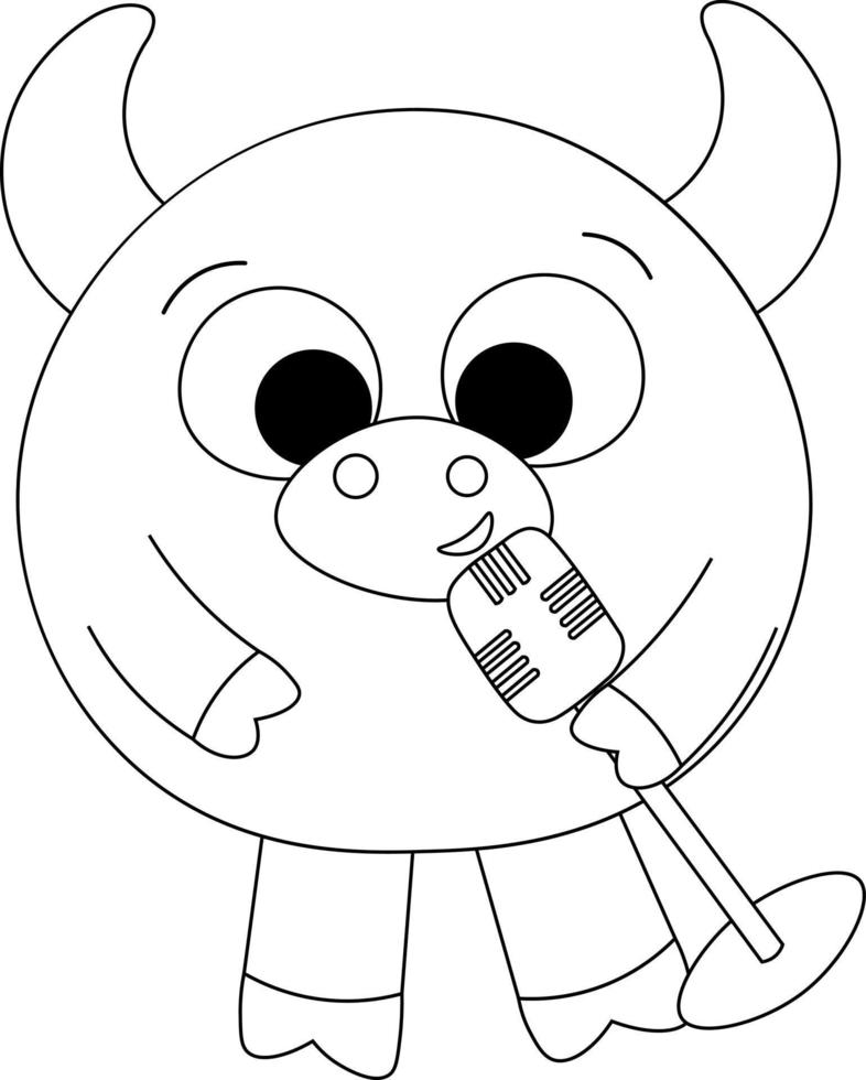 Cute bull with microphone in black and white vector