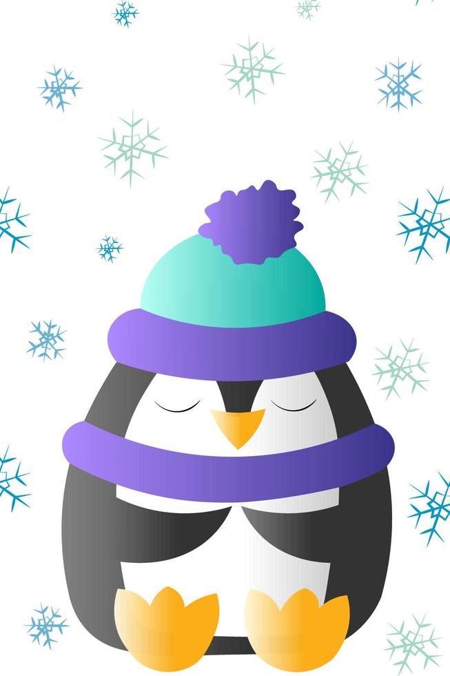 postal con lindo pingüino de dibujos animados en sombrero y bufanda vector