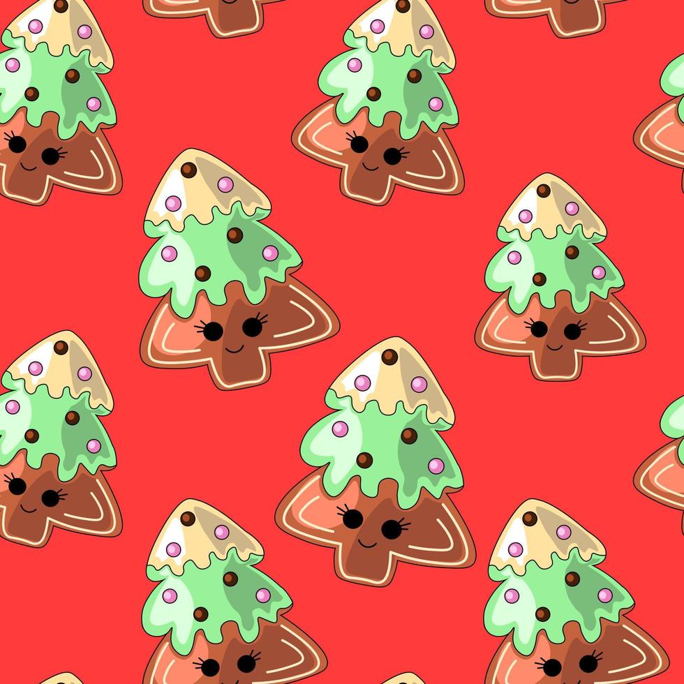 Seamless vector pattern with cute cartoon christmas tree