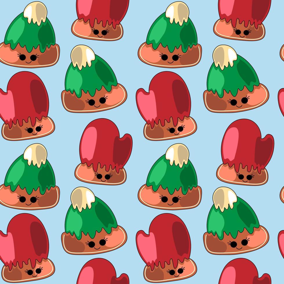 Seamless vector pattern with cute cartoon mitten and hat