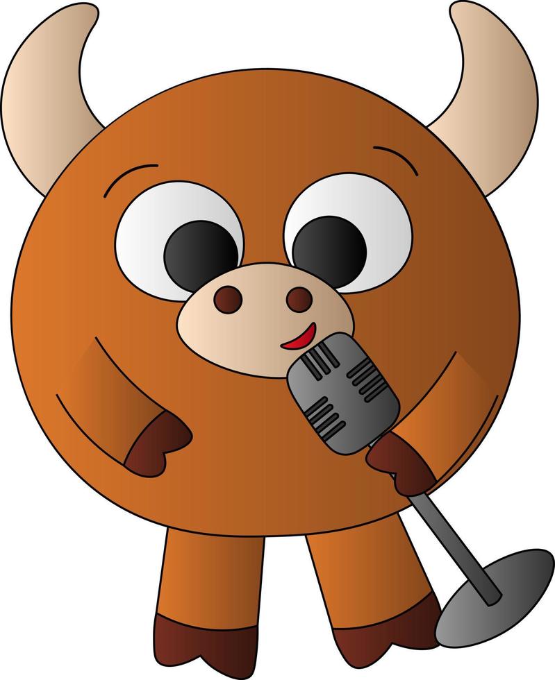 Cute cartoon brown bull with music microphone vector