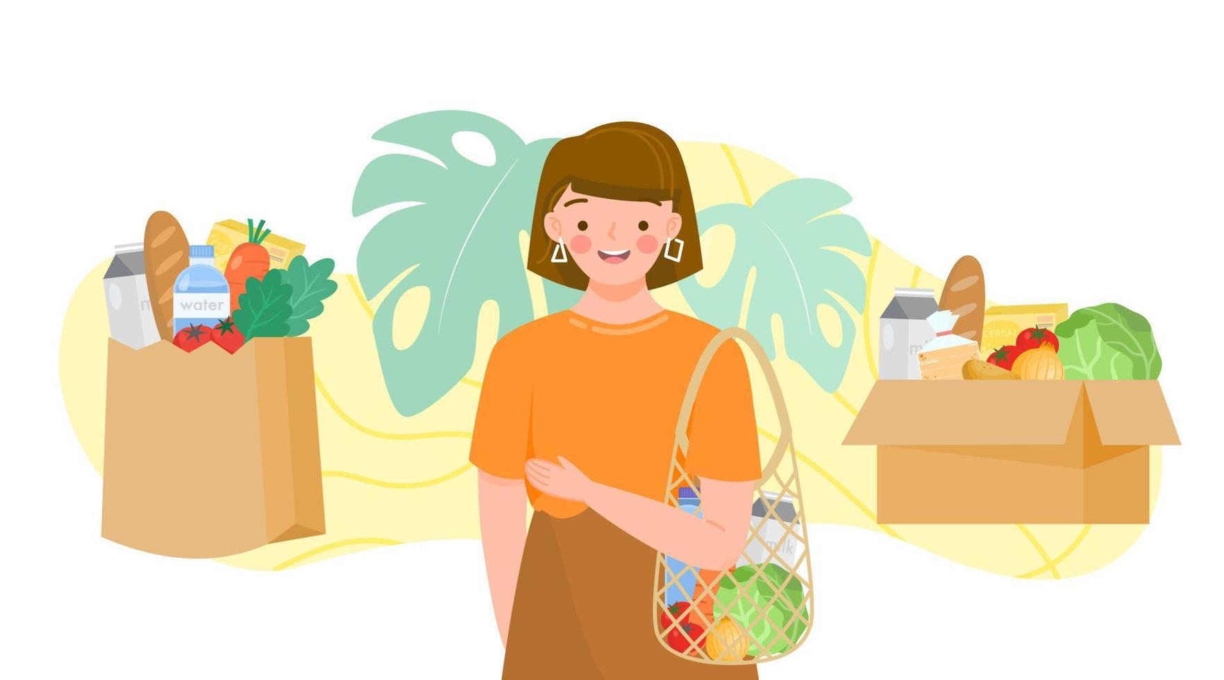 Girl holding turtle bag with green grocer. Set of reusable bags and cardboard box of fruits, vegetables, milk, bread. Food products in reuse eco and paper package.Organic products from farm. vector
