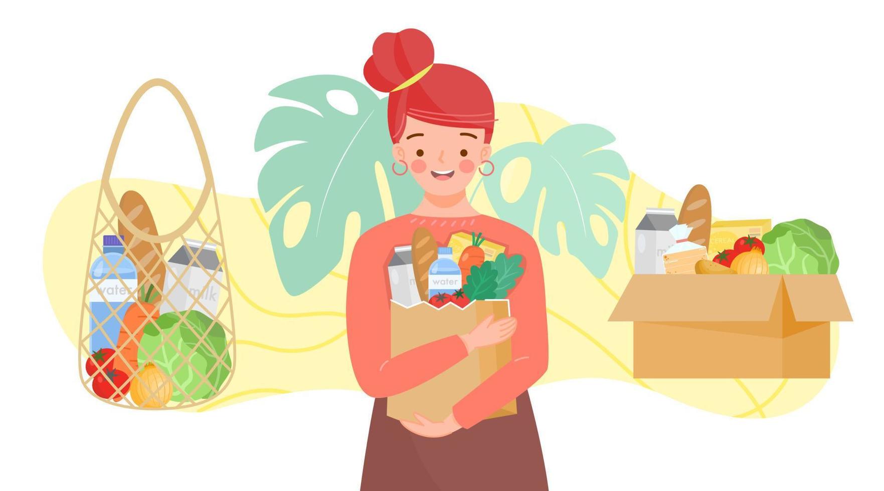 Girl holding paper bag with green grocer. Set of reusable bags and cardboard box of fruits, vegetables, milk, bread. Food products in reuse eco and paper package.Organic products from farm. vector