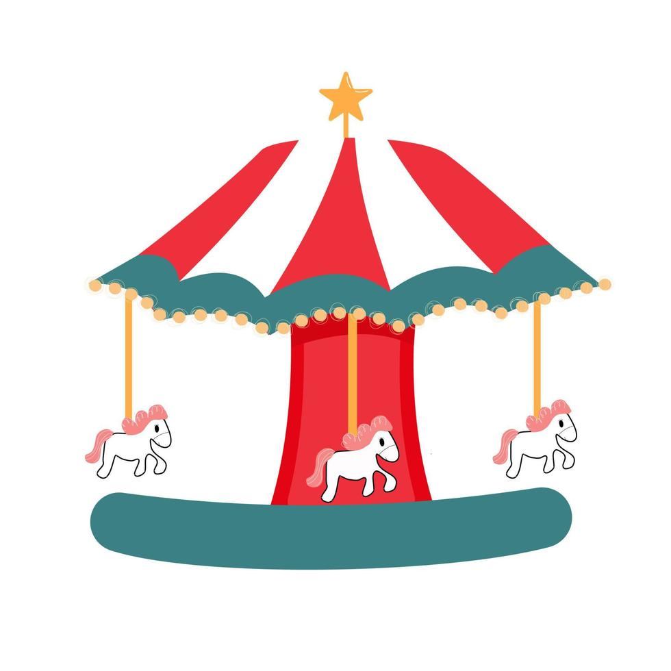 children's carousel with horses hand-drawn in cartoon style vector