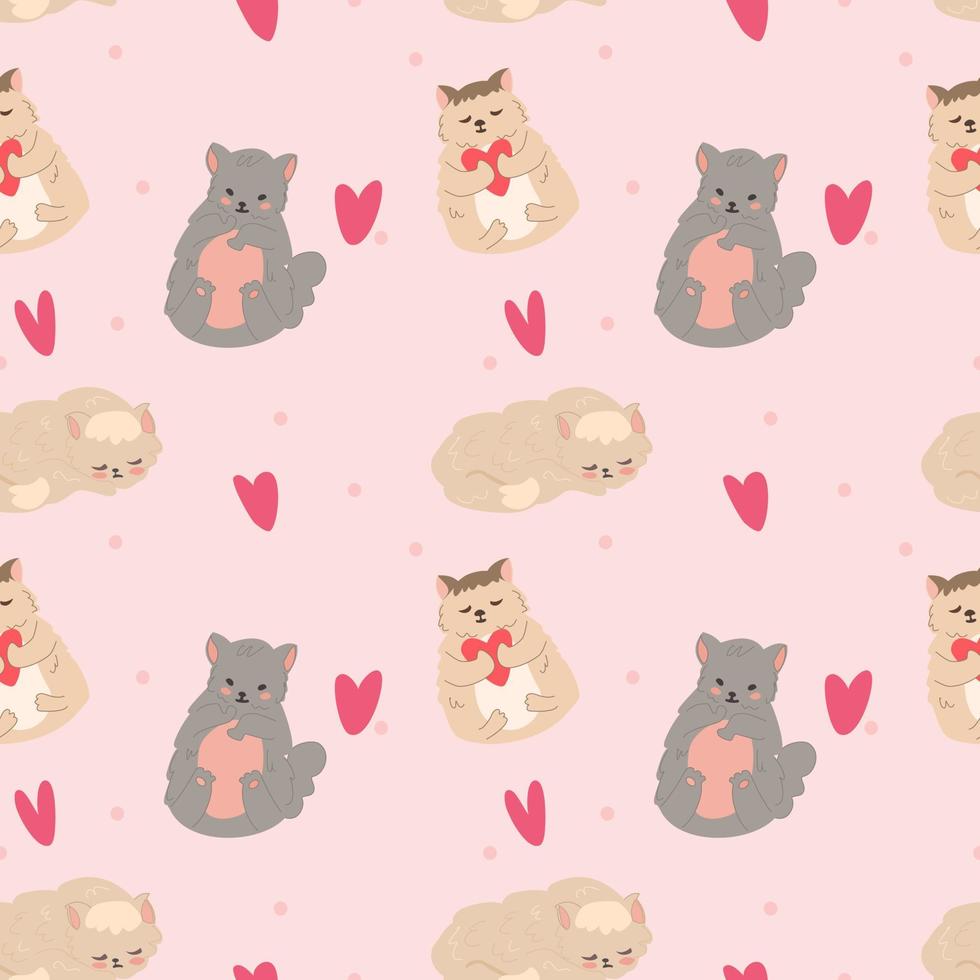 seamless pattern with kittens and cats, fluffy cute animals and hearts in cartoon style vector