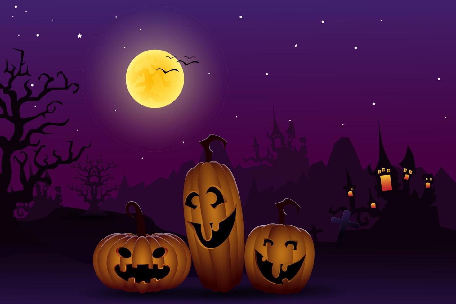 calabazas en el cementerio en la noche espeluznante - telón de fondo de Halloween vector